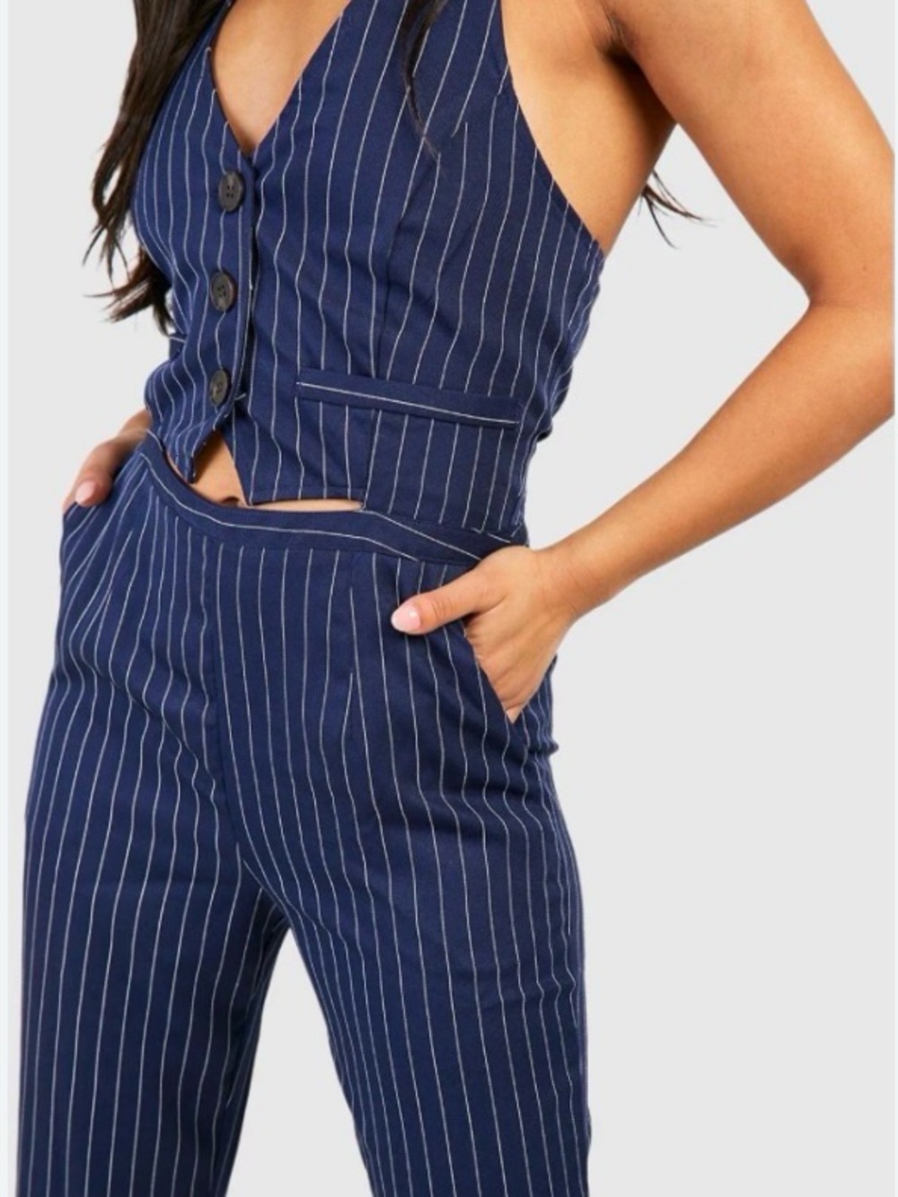 Love Tree Navy Pinstripe Vest & High-Waist Trousers Set